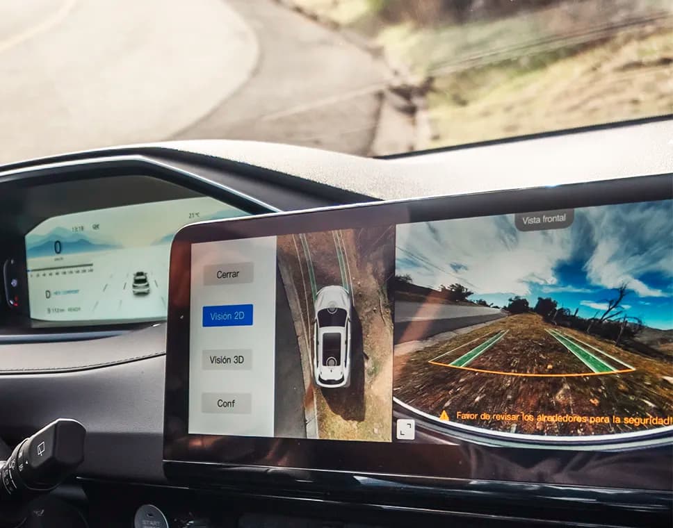 A car's sensor view showing automatic emergency braking in action.